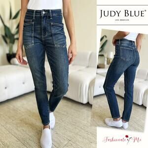 Judy Blue High Waist Pocketed Zipper Fly Dark Washed Ankle Skinny Denim Jeans